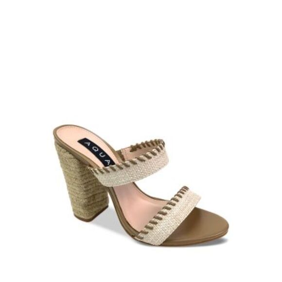 AQUA Shoes - AQUA Womens Beige Woven Round Toe Block Heel Slip On Espadrille Shoes 8.5 B